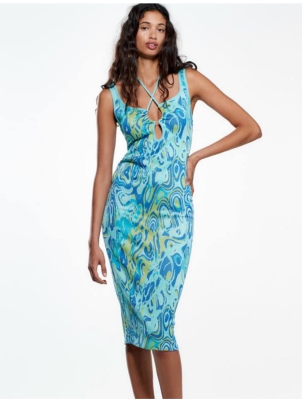 Zara Jacquard Knit Bandage Midi Dress Marble Pattern Turquoise and Green